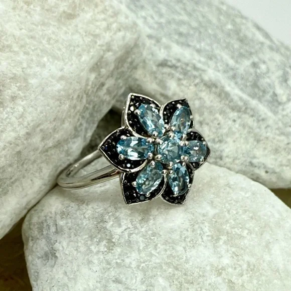 NWT Santa Maria Aquamarine & Black Spinel Daisy Ring Sz 10 Platinum 925 1.25ctw - Picture 9 of 17